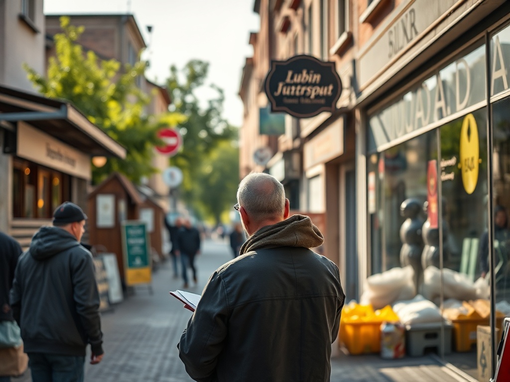 Mapa Lubina z ikonami przedstawiającymi projekty finansowane z Funduszy Europejskich, ilustracja rozwoju miasta